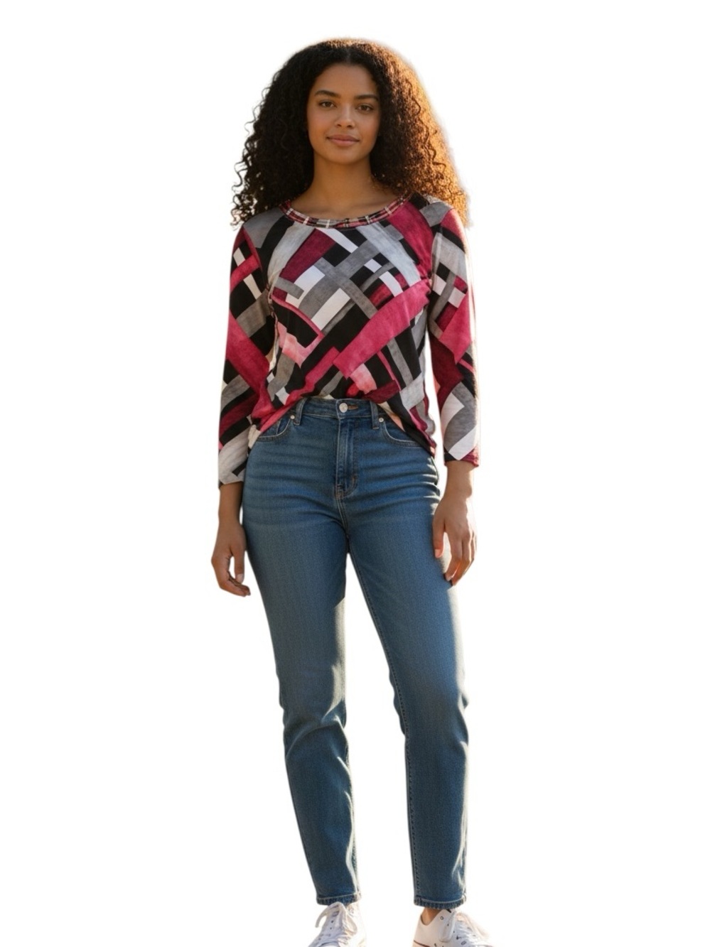 Alfred Dunner Pink Black White Geometric Long Sleeve Blouse Size L